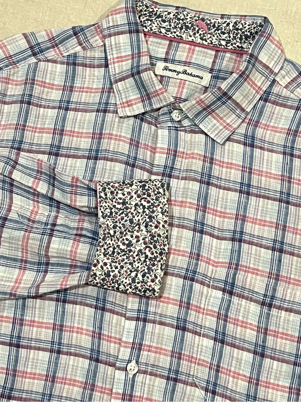 Tommy Bahama Linen Pink, Blue & White Plaid Flip Cuff Button Up Shirt Large